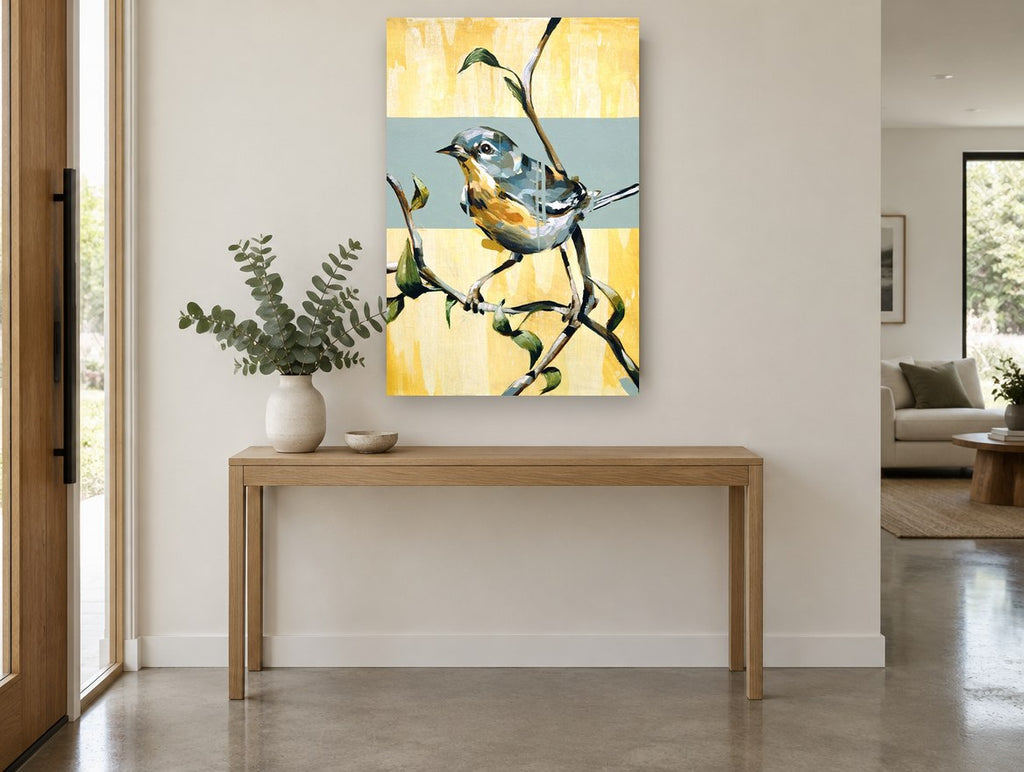 Warbler on Yellow Bough floral canvas print on the wall of a entry hall