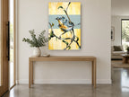 Warbler on Yellow Bough floral canvas print on the wall of a entry hall