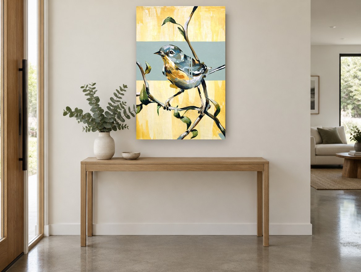 Warbler on Yellow Bough floral canvas print on the wall of a entry hall