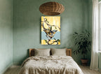 Warbler on Yellow Bands floral canvas print on the wall of a bedroom