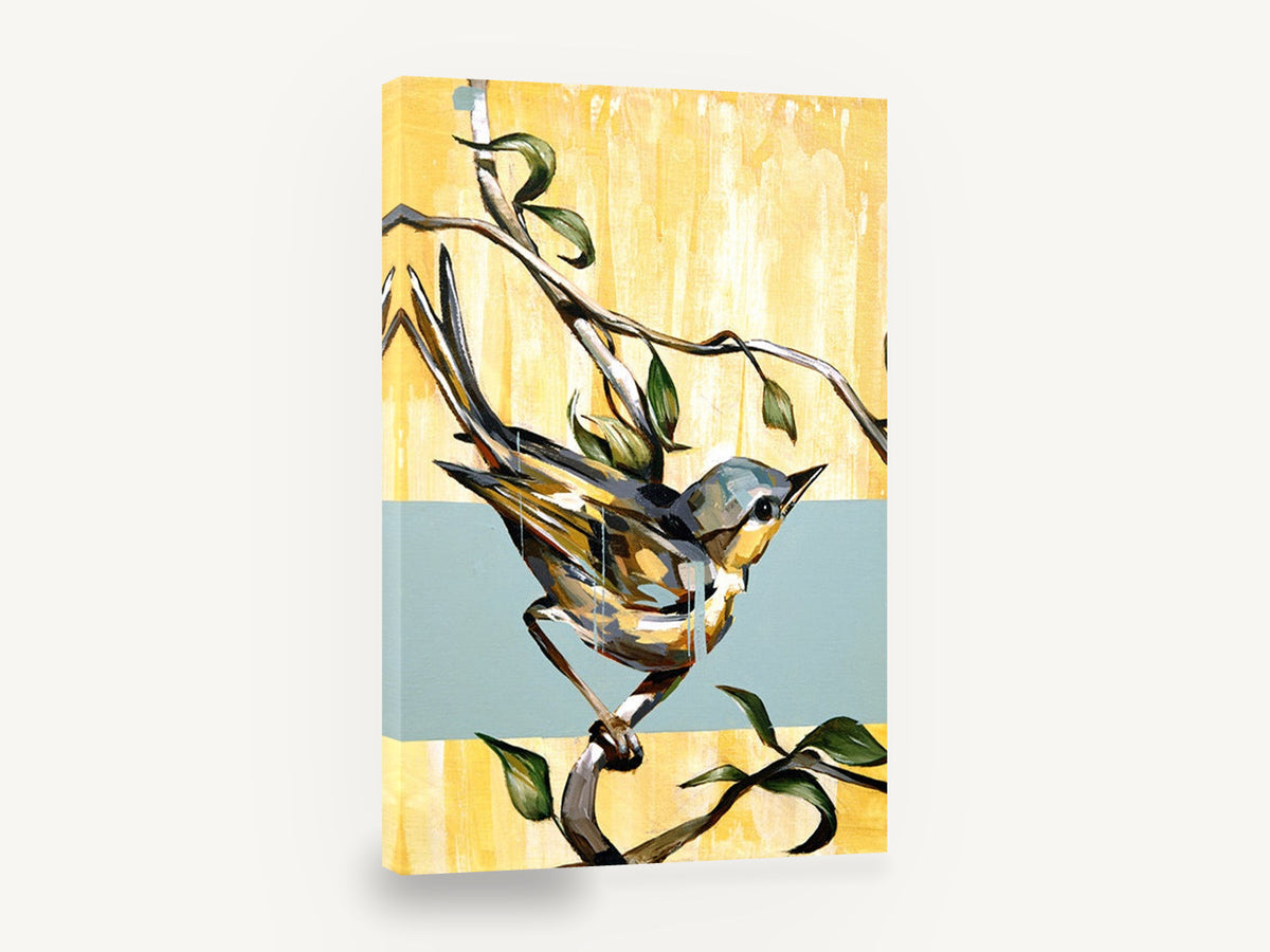 Warbler on Yellow Bands, warbler bird on branch contemporary painting, floral canvas wall art print ready to hang