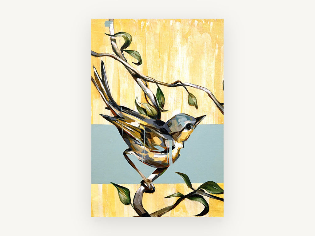 Warbler on Yellow Bands, floral canvas wall art print, front view