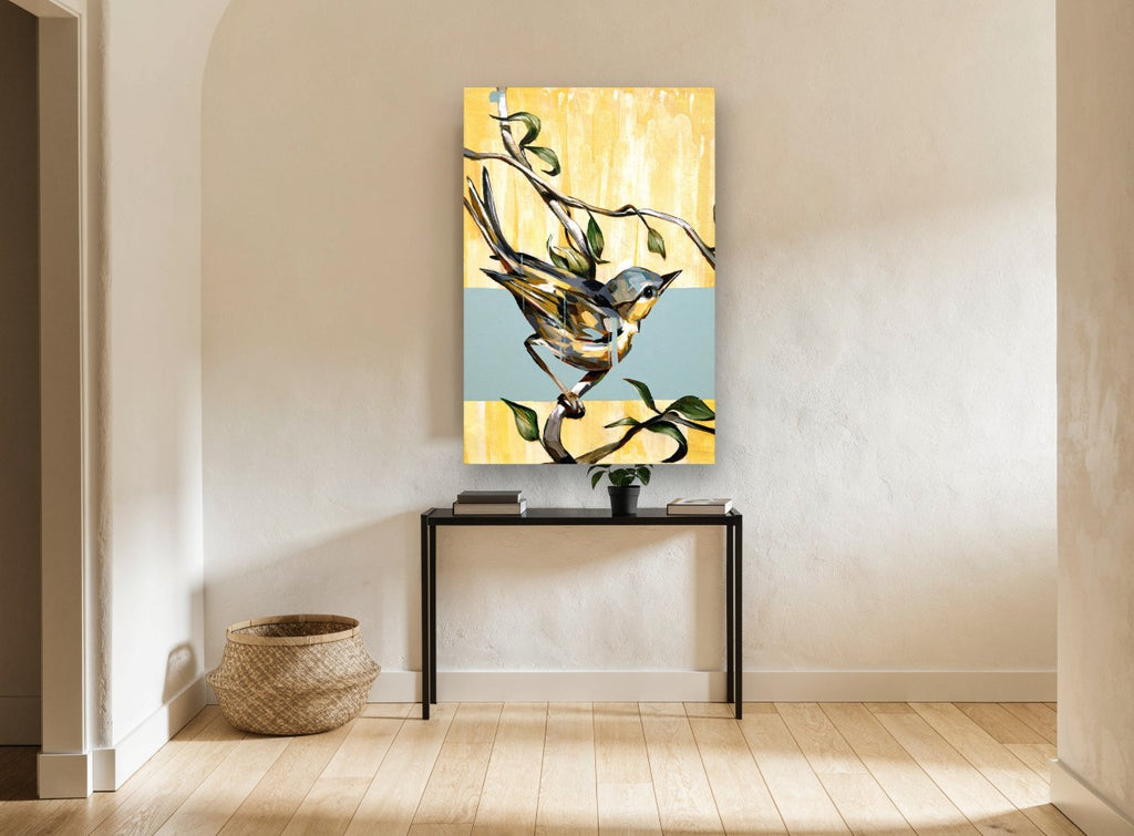 Warbler on Yellow Bands floral canvas print on the wall of a hallway