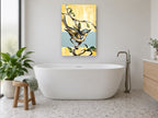 Warbler on Yellow Bands floral canvas print on the wall of a bathroom