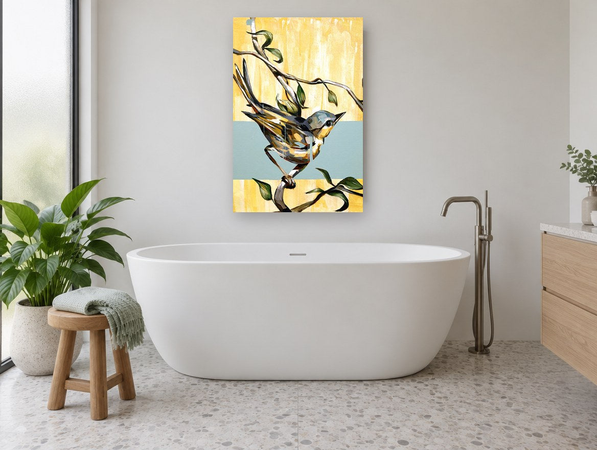 Warbler on Yellow Bands floral canvas print on the wall of a bathroom