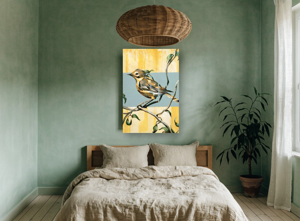 Yellow Warbler on Branch floral canvas print on the wall of a bedroom