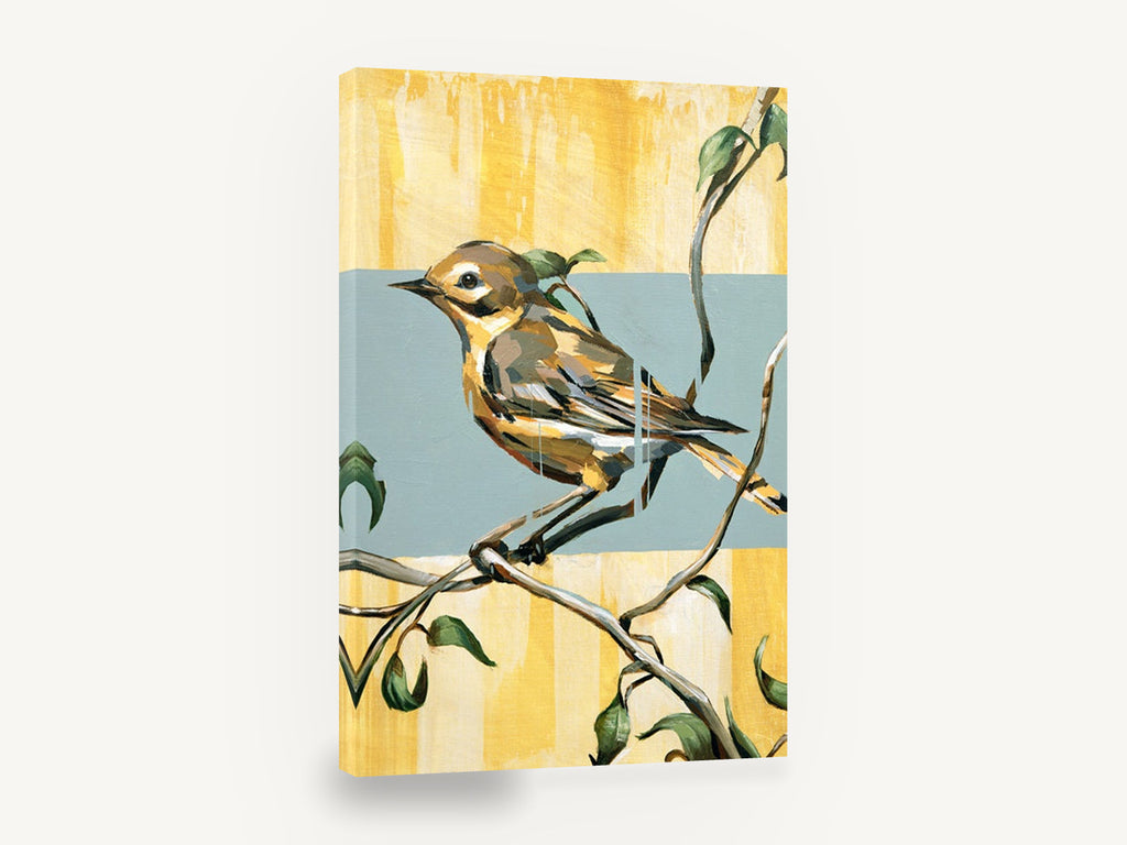 Yellow Warbler on Branch, yellow warbler bird on branch painting, floral canvas wall art print ready to hang