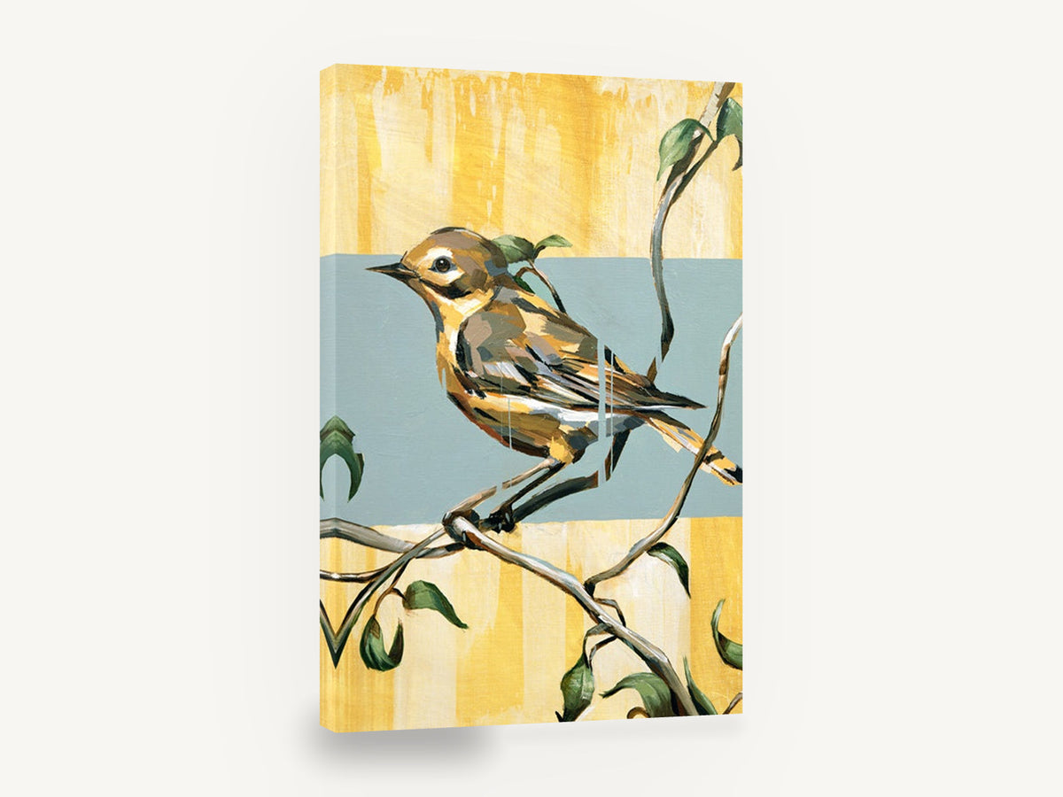 Yellow Warbler on Branch, yellow warbler bird on branch painting, floral canvas wall art print ready to hang