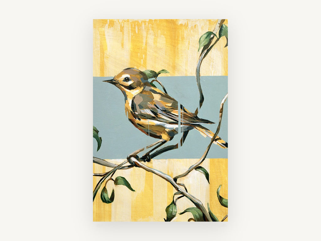 Yellow Warbler on Branch, floral canvas wall art print, front view