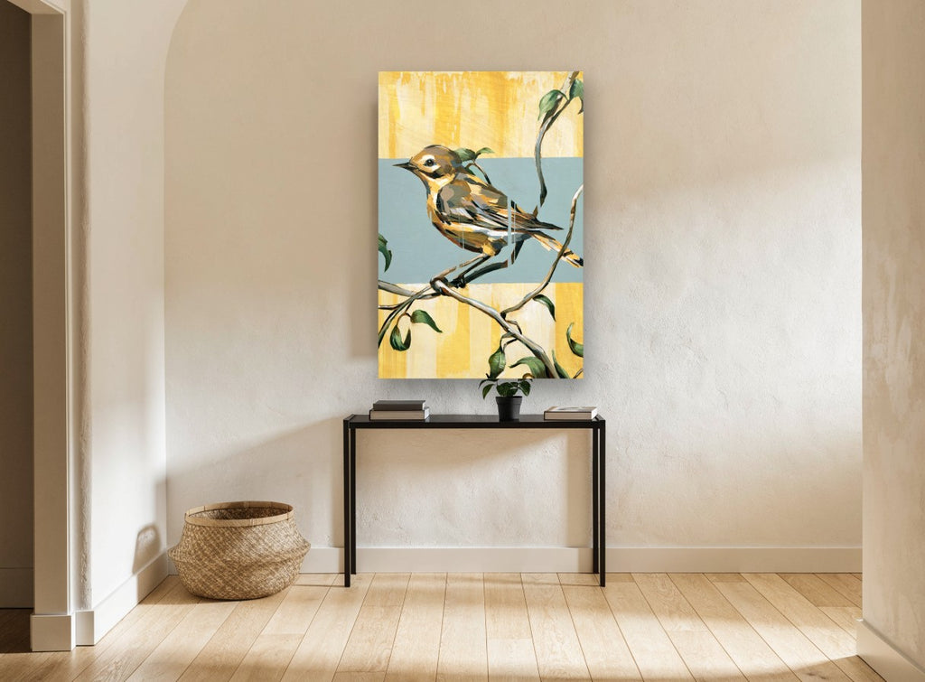 Yellow Warbler on Branch floral canvas print on the wall of a hallway