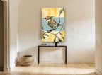 Yellow Warbler on Branch floral canvas print on the wall of a hallway