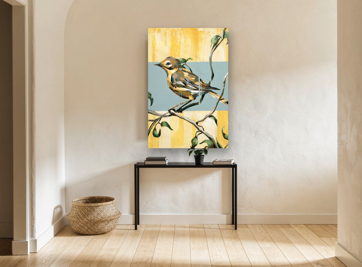 Yellow Warbler on Branch floral canvas print on the wall of a hallway