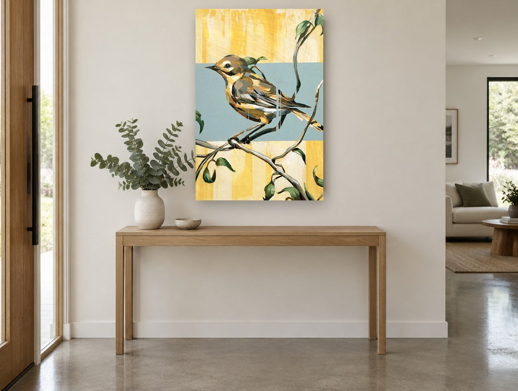 Yellow Warbler on Branch floral canvas print on the wall of a entry hall