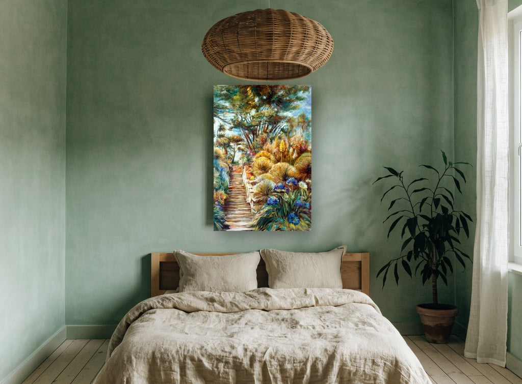 Garden Steps in Bloom floral canvas print on the wall of a bedroom