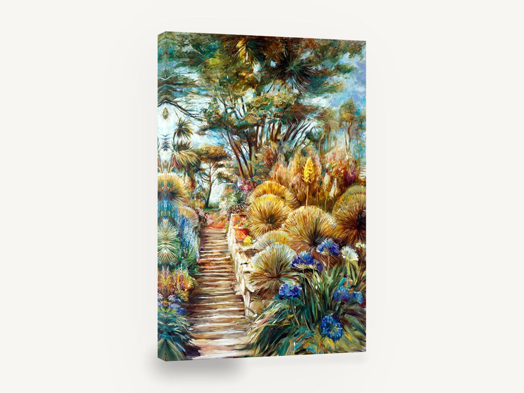 Garden Steps in Bloom, garden staircase agapanthus palm painting, floral canvas wall art print ready to hang