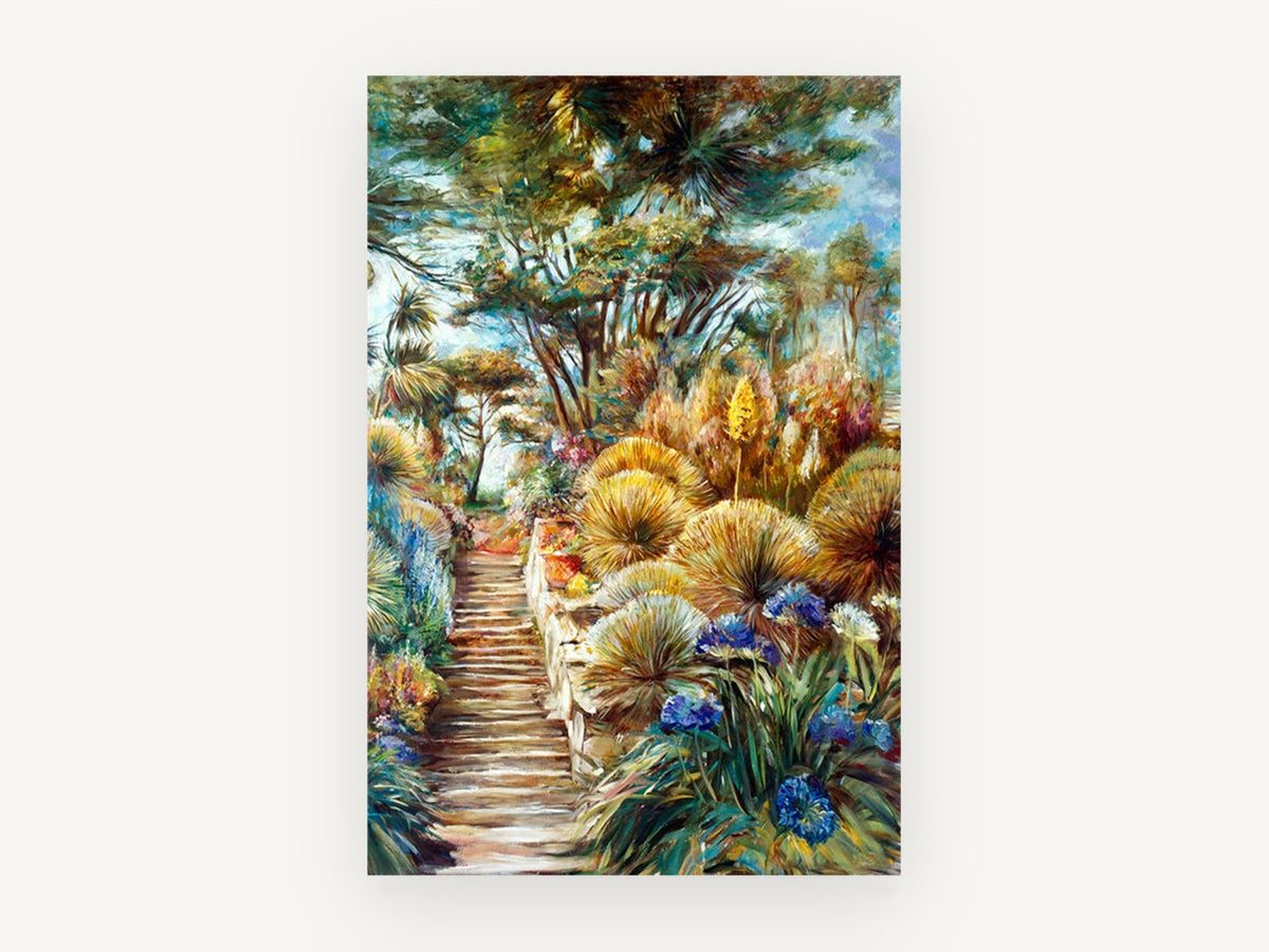 Garden Steps in Bloom, floral canvas wall art print, front view