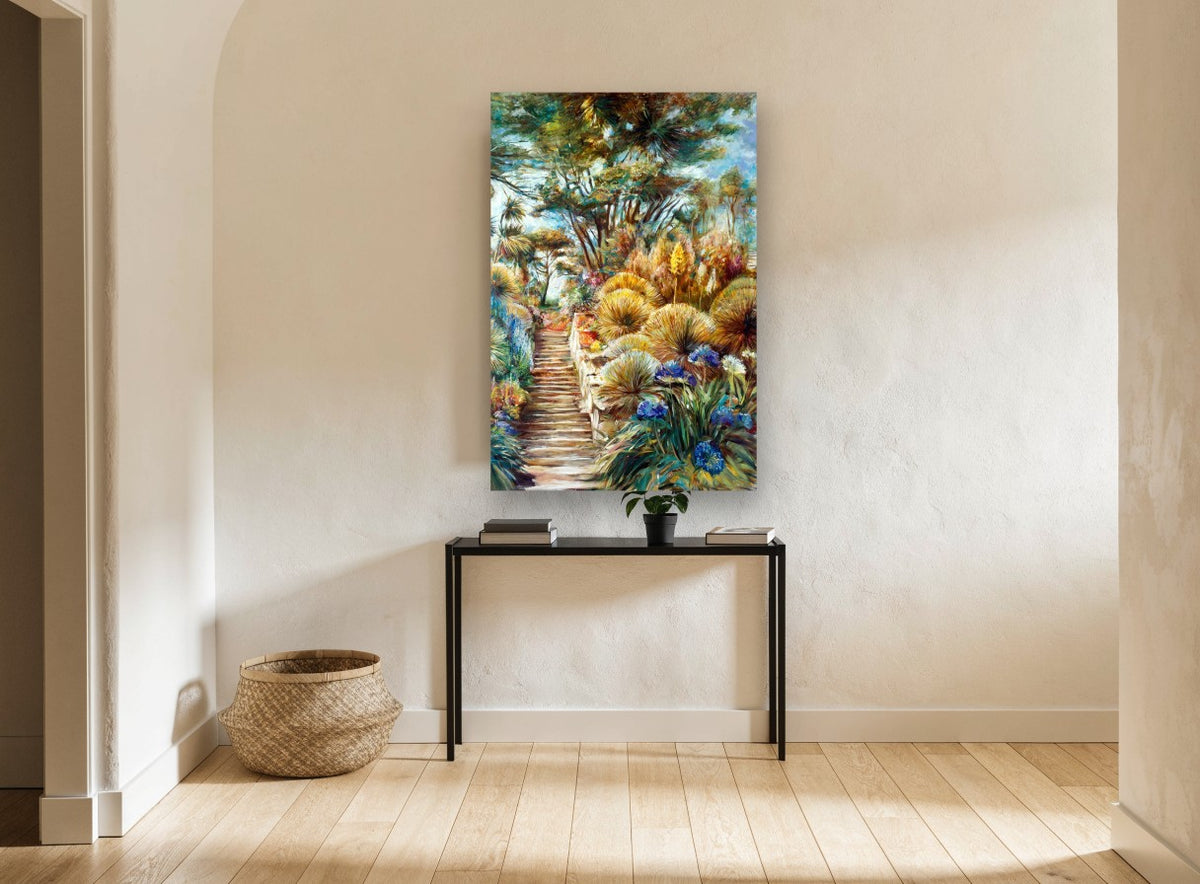 Garden Steps in Bloom floral canvas print on the wall of a hallway