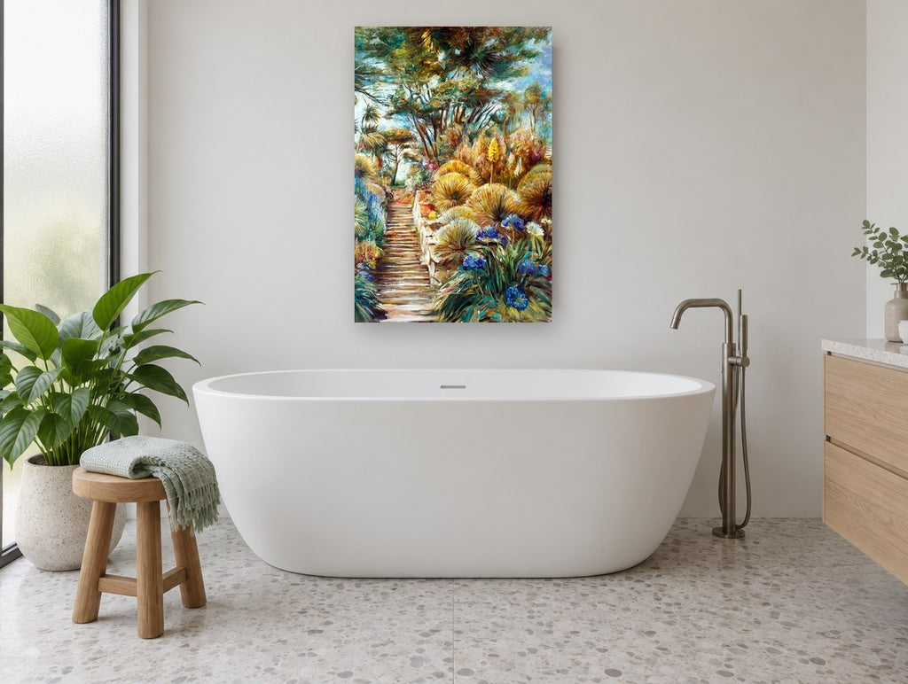 Garden Steps in Bloom floral canvas print on the wall of a bathroom