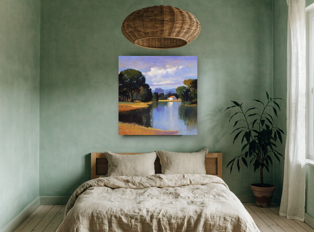 Farmhouse Across the Lake landscape canvas print on the wall of a bedroom