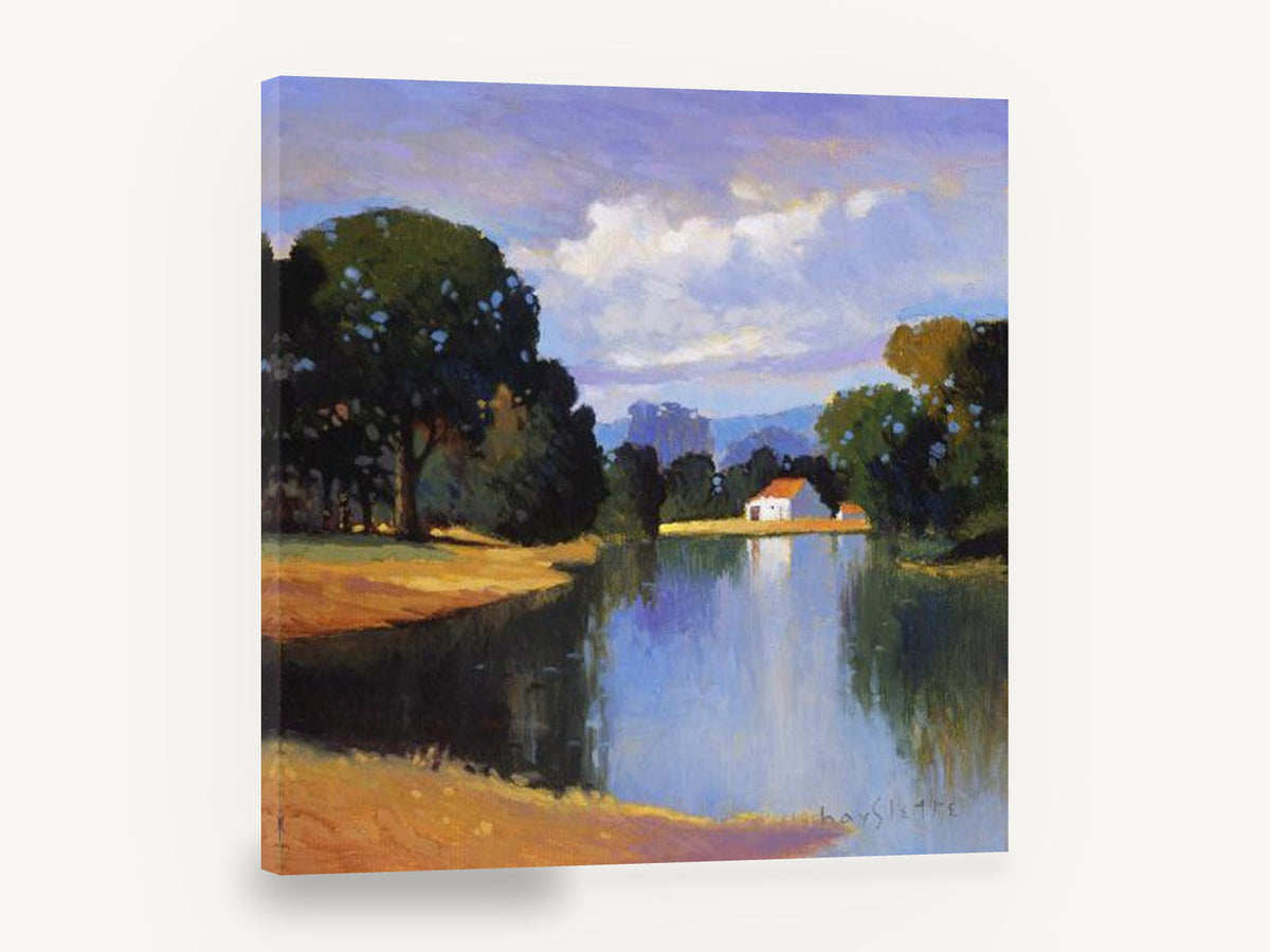 Farmhouse Across the Lake, farmhouse lake reflection landscape painting, landscape canvas wall art print ready to hang