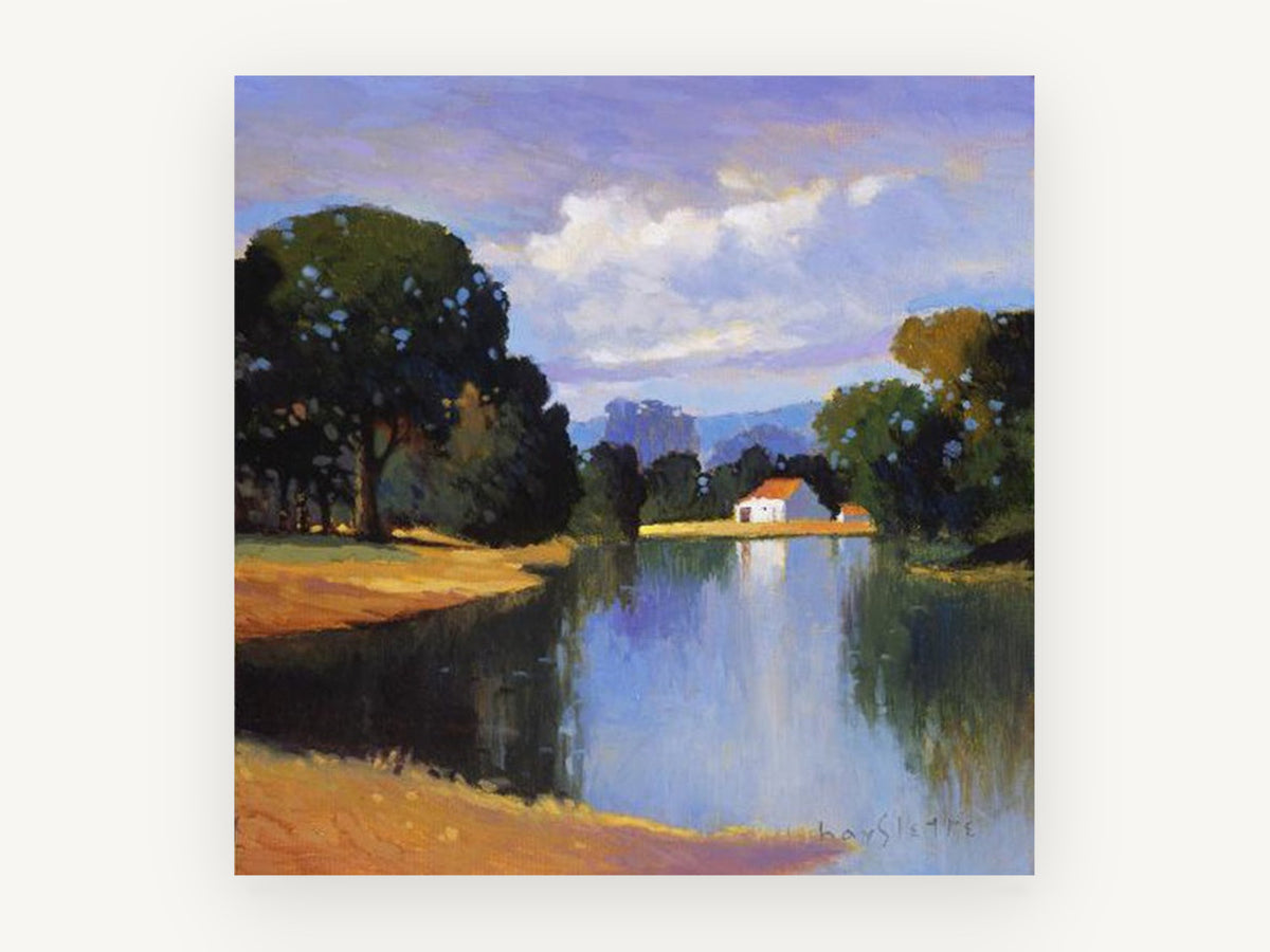 Farmhouse Across the Lake, farmhouse lake reflection landscape painting, landscape canvas wall art print, front view