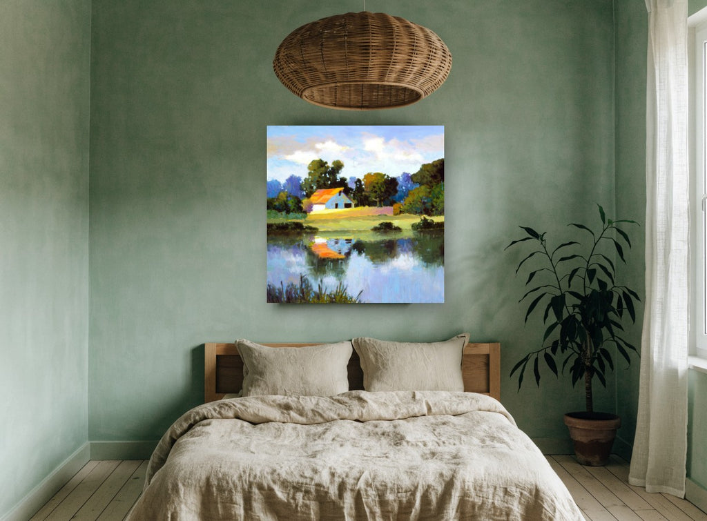 Orange Roof Pond landscape canvas print on the wall of a bedroom