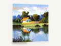 Orange Roof Pond, farm barn pond reflection painting, landscape canvas wall art print ready to hang