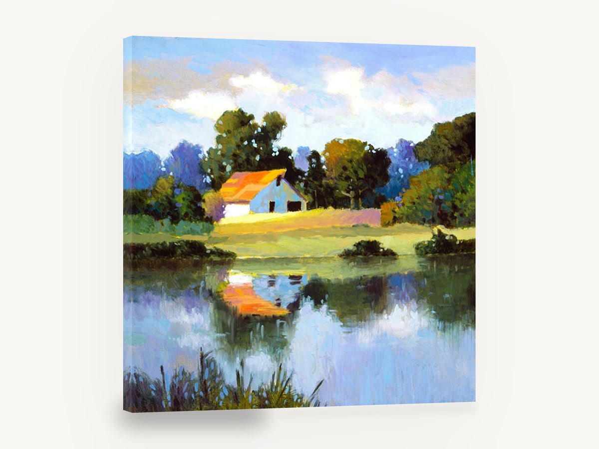 Orange Roof Pond, farm barn pond reflection painting, landscape canvas wall art print ready to hang