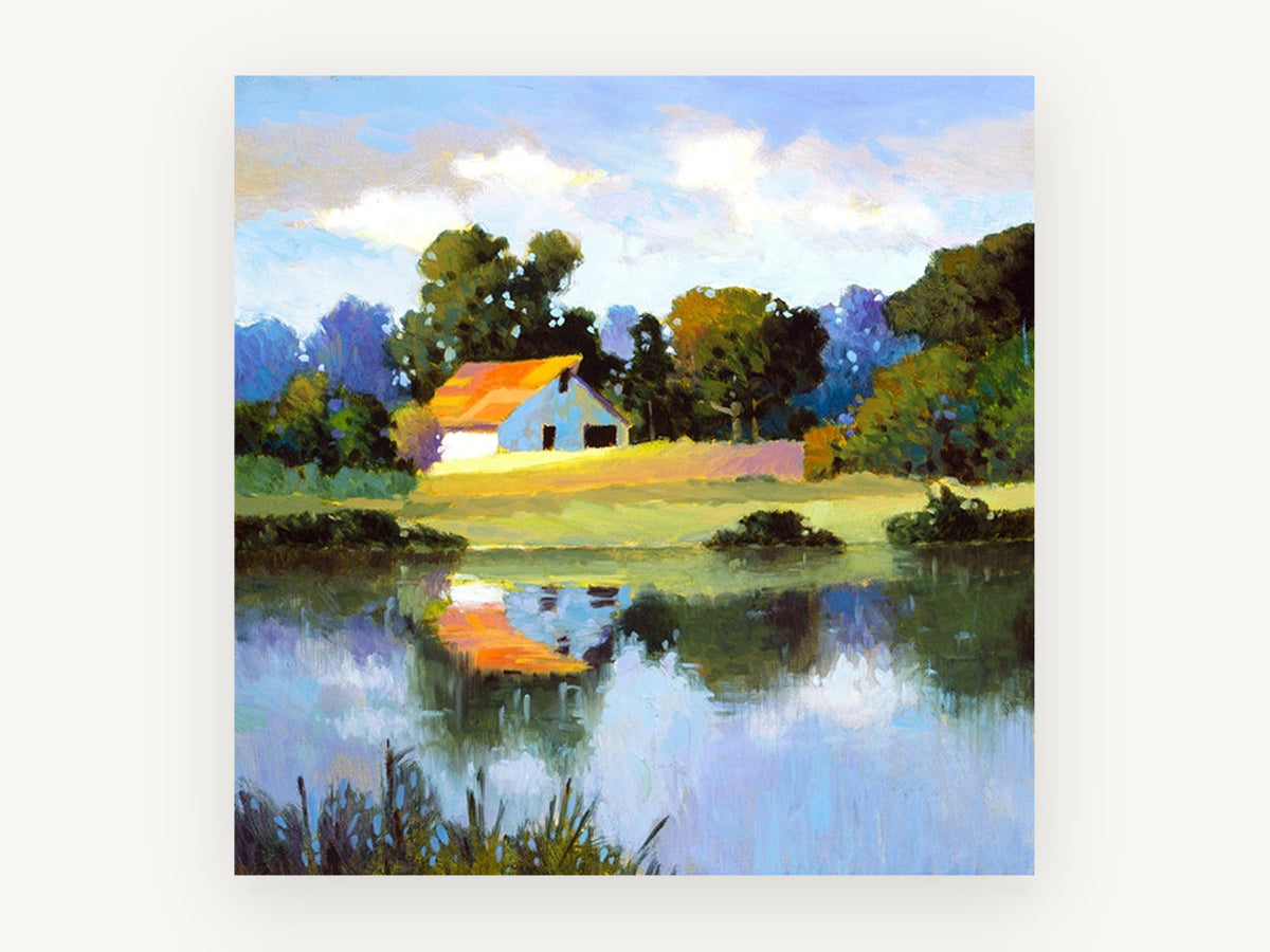 Orange Roof Pond, farm barn pond reflection painting, landscape canvas wall art print, front view