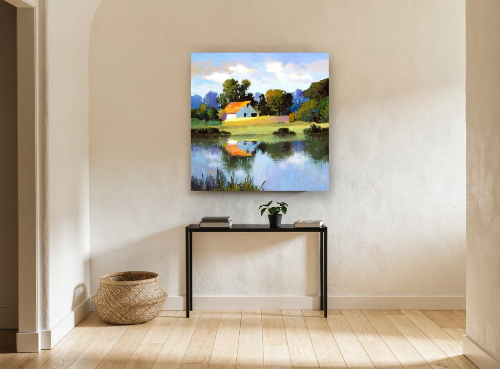 Orange Roof Pond landscape canvas print on the wall of a hallway