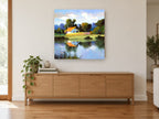 Orange Roof Pond landscape canvas print on the wall of a living room above a sideboard