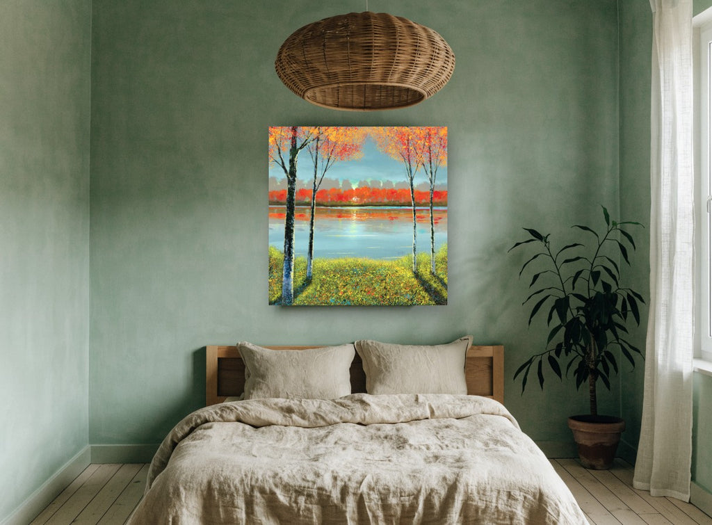 Autumn Lakeside Glow landscape canvas print on the wall of a bedroom