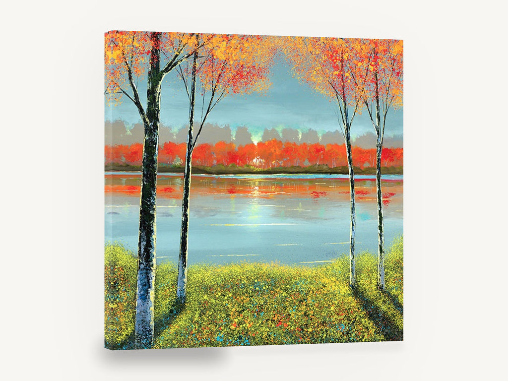 Autumn Lakeside Glow, autumn lake trees reflection landscape, landscape canvas wall art print ready to hang