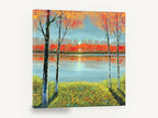 Autumn Lakeside Glow, autumn lake trees reflection landscape, landscape canvas wall art print ready to hang