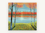 Autumn Lakeside Glow, autumn lake trees reflection landscape, landscape canvas wall art print, front view