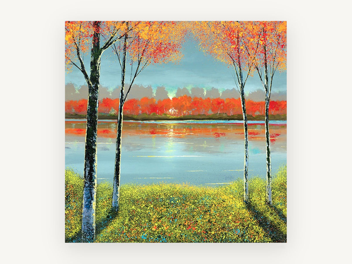 Autumn Lakeside Glow, autumn lake trees reflection landscape, landscape canvas wall art print, front view