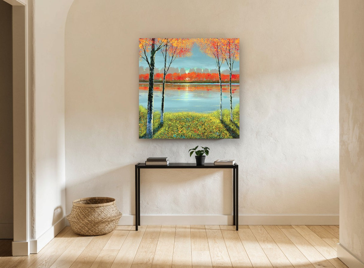 Autumn Lakeside Glow landscape canvas print on the wall of a hallway