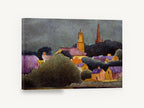 Village Beneath Storm Sky, village spires stormy sky painting, landscape canvas wall art print ready to hang