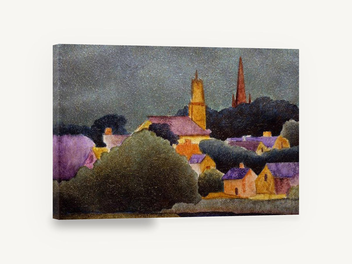 Village Beneath Storm Sky, village spires stormy sky painting, landscape canvas wall art print ready to hang