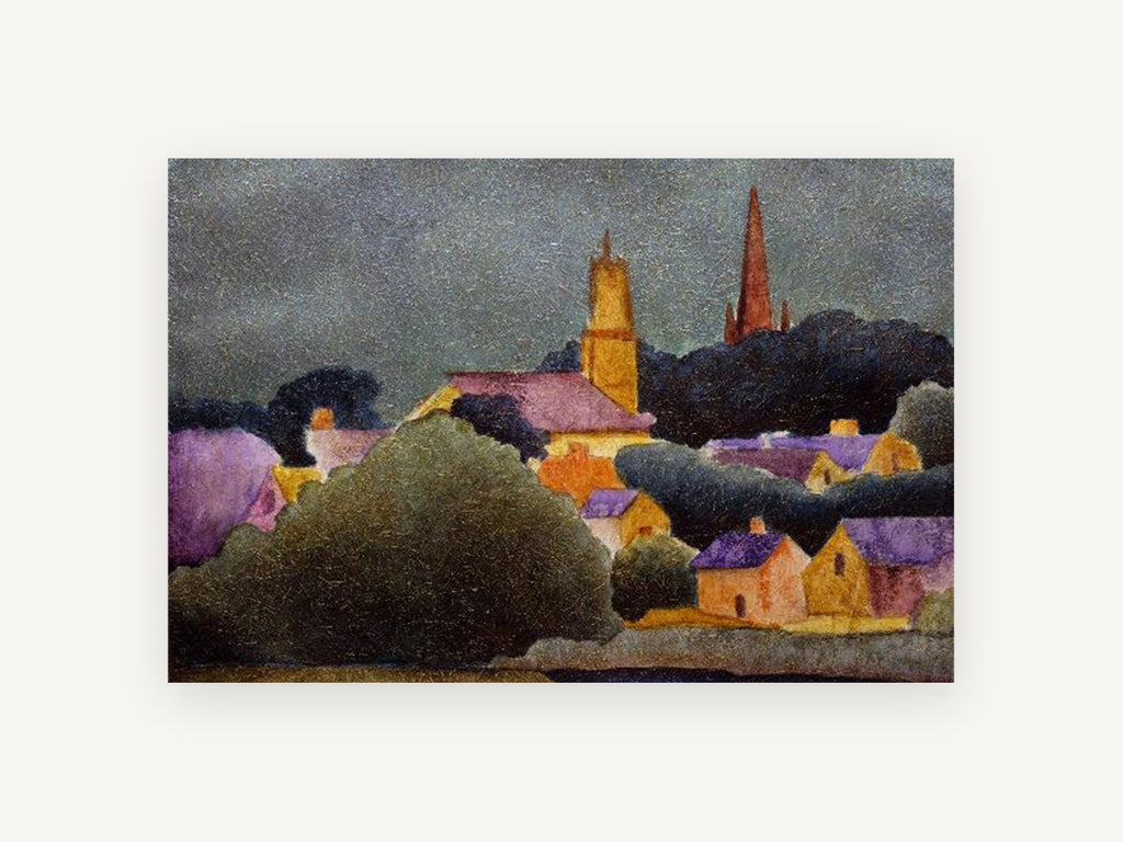 Village Beneath Storm Sky, village spires stormy sky painting, landscape canvas wall art print, front view