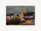 Village Beneath Storm Sky, village spires stormy sky painting, landscape canvas wall art print, front view