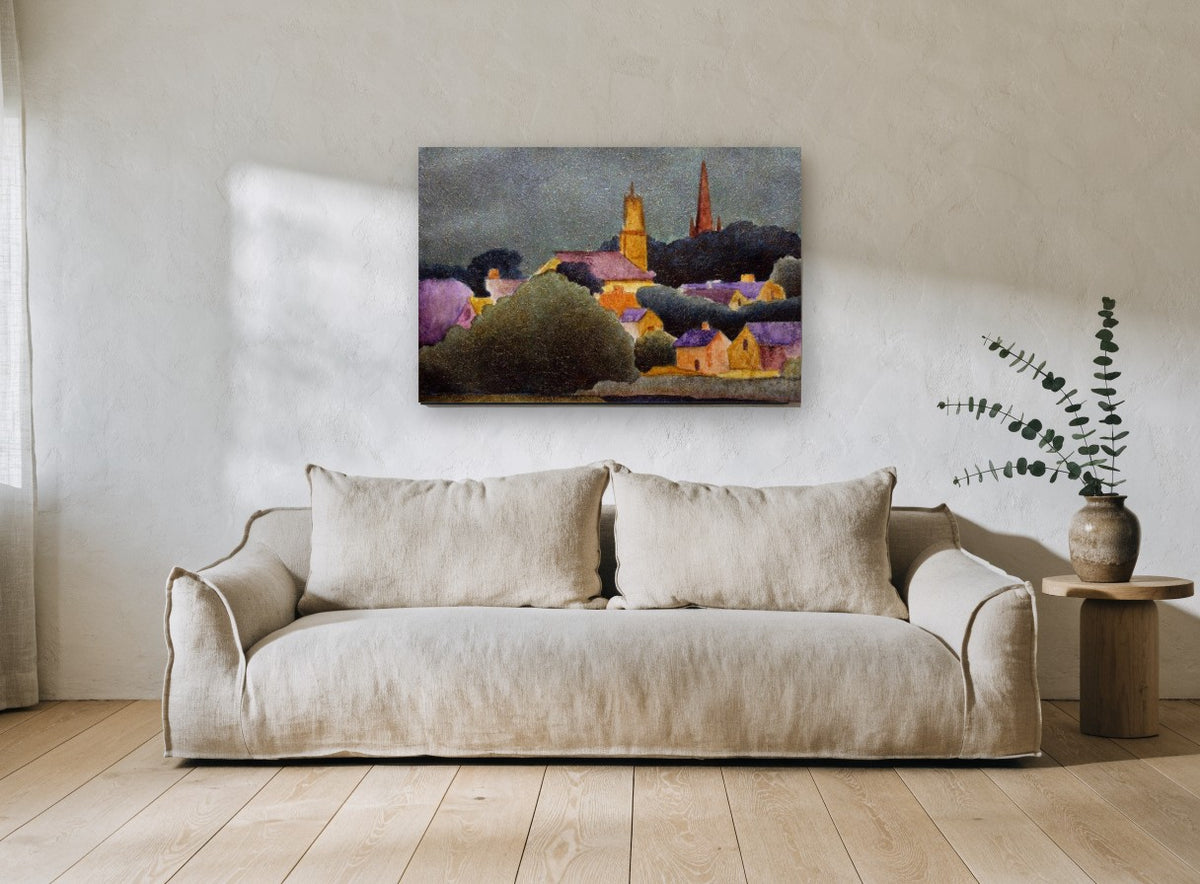 Village Beneath Storm Sky landscape canvas print on the wall of a living room