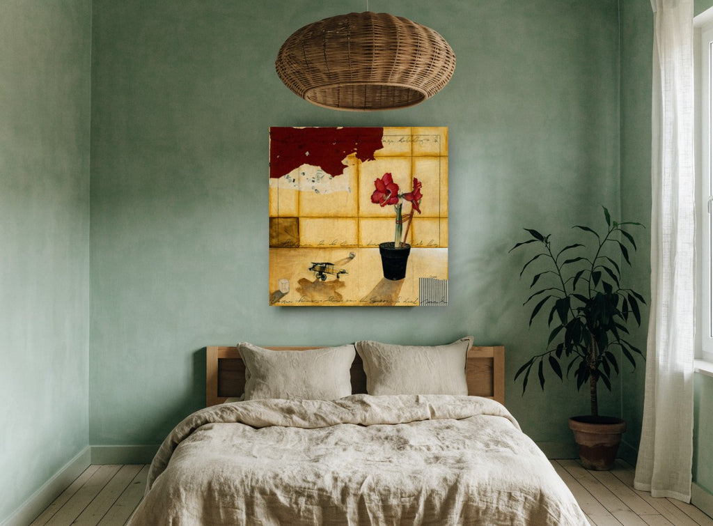 Amaryllis and Toy Plane floral canvas print on the wall of a bedroom