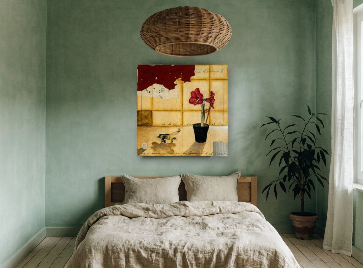 Amaryllis and Toy Plane floral canvas print on the wall of a bedroom