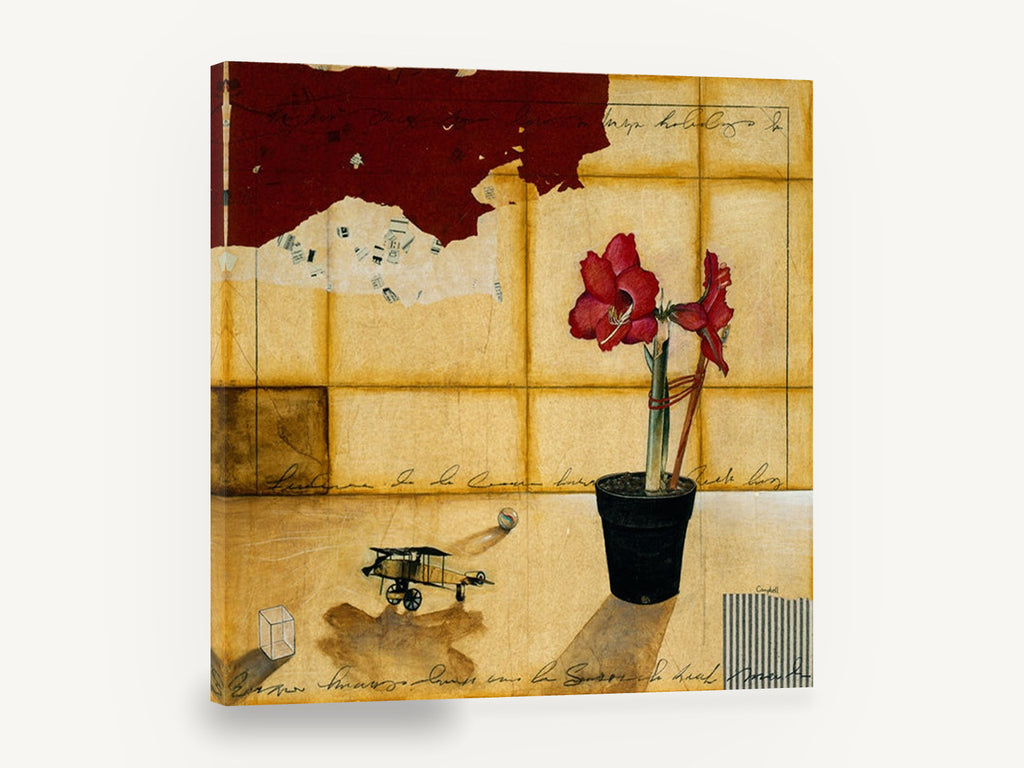 Amaryllis and Toy Plane, red amaryllis still life collage, floral canvas wall art print ready to hang