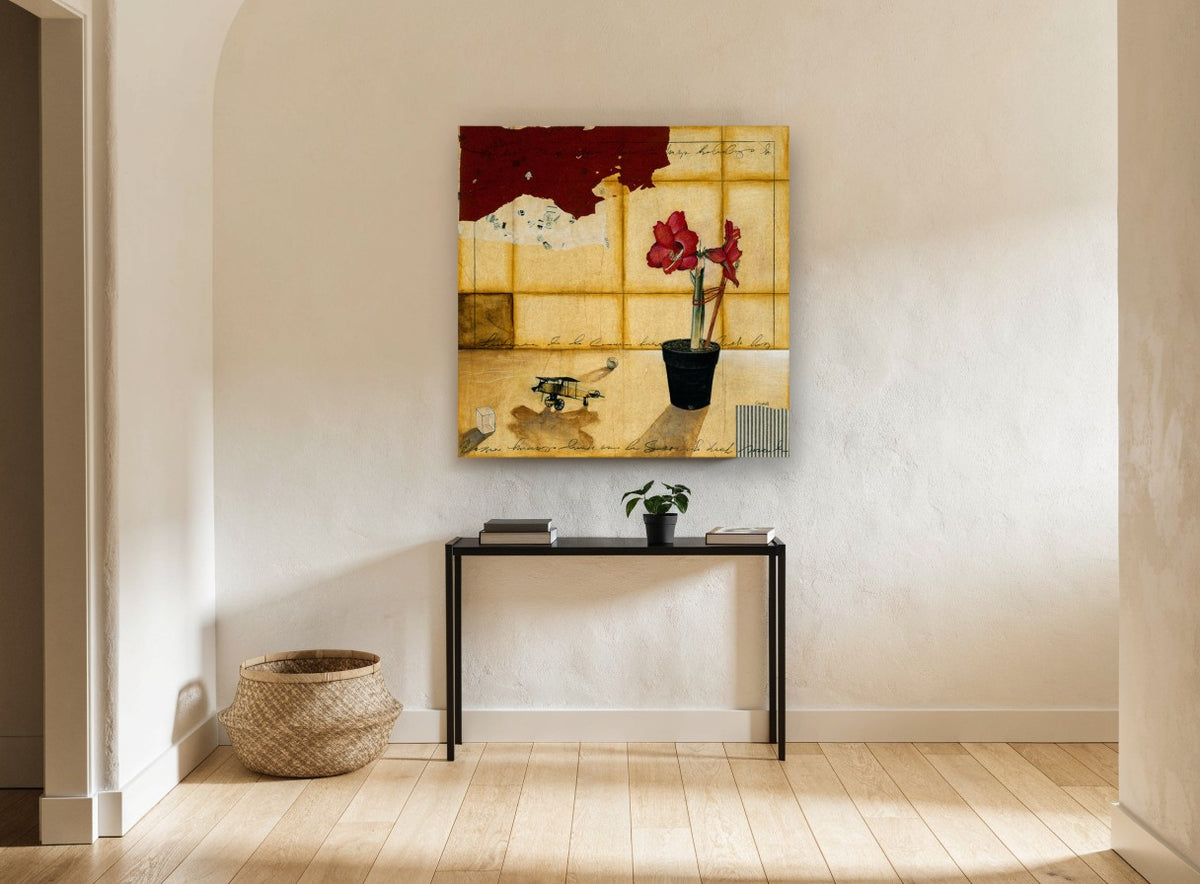 Amaryllis and Toy Plane floral canvas print on the wall of a hallway