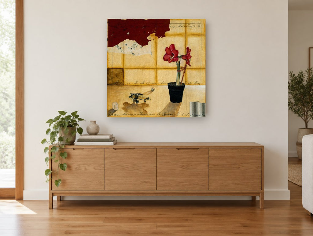 Amaryllis and Toy Plane floral canvas print on the wall of a living room above a sideboard
