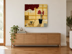 Amaryllis and Toy Plane floral canvas print on the wall of a living room above a sideboard