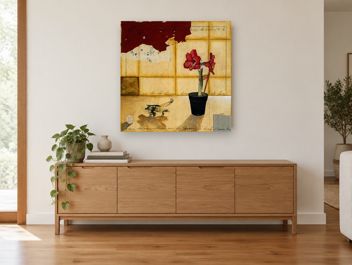 Amaryllis and Toy Plane floral canvas print on the wall of a living room above a sideboard
