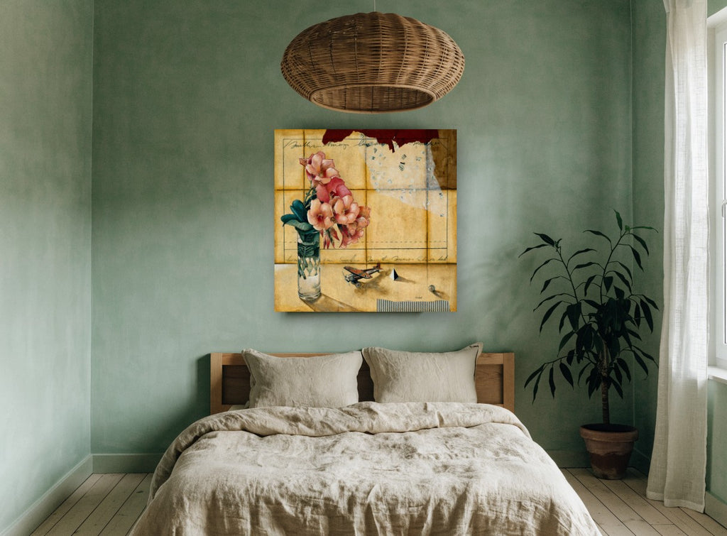Trumpet Flowers and Toy Plane floral canvas print on the wall of a bedroom